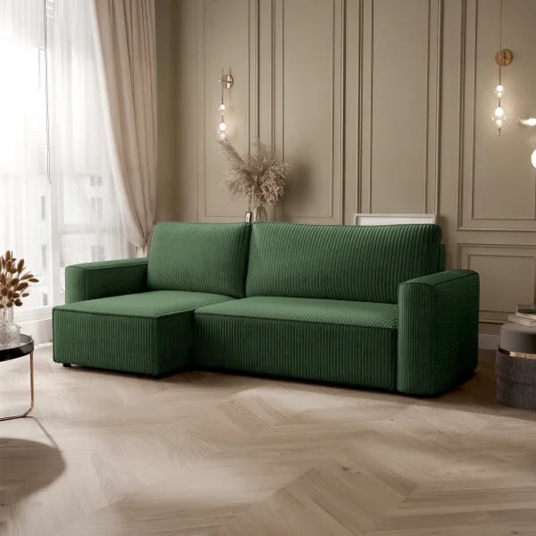 Divano letto angolare reversibile 243x142cm velluto a coste verde scuro Ofelia