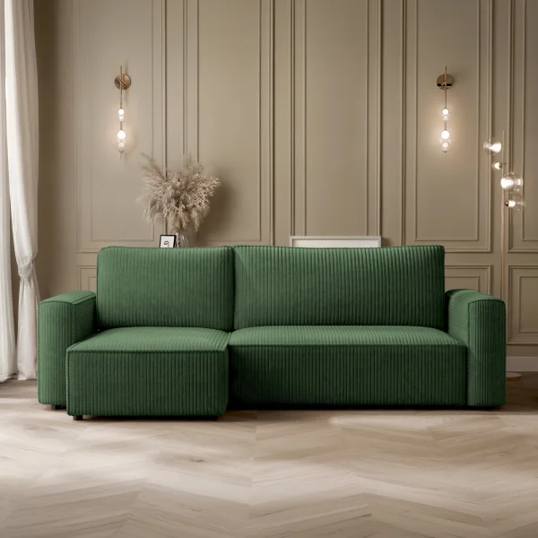 Divano letto angolare reversibile 243x142cm velluto a coste verde scuro Ofelia