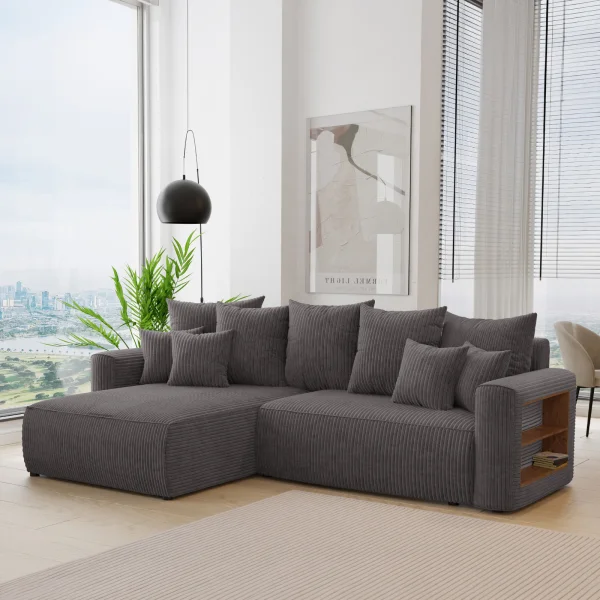 Divano letto angolare reversibile 260x160cm velluto a coste con libreria a destra antracite Mistery