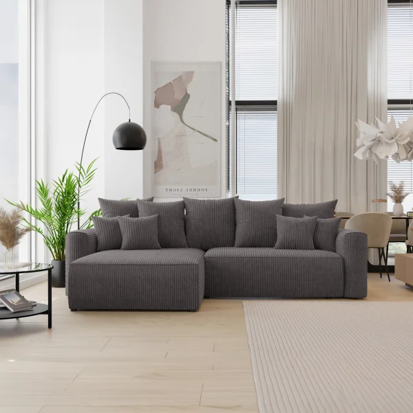 Divano letto angolare reversibile 260x160cm velluto a coste con libreria a destra antracite Mistery