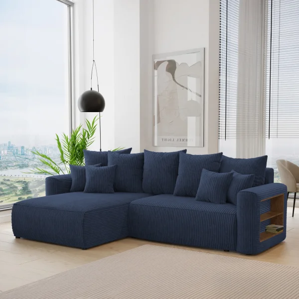 Divano letto angolare reversibile 260x160cm velluto a coste con libreria a destra blu Mistery