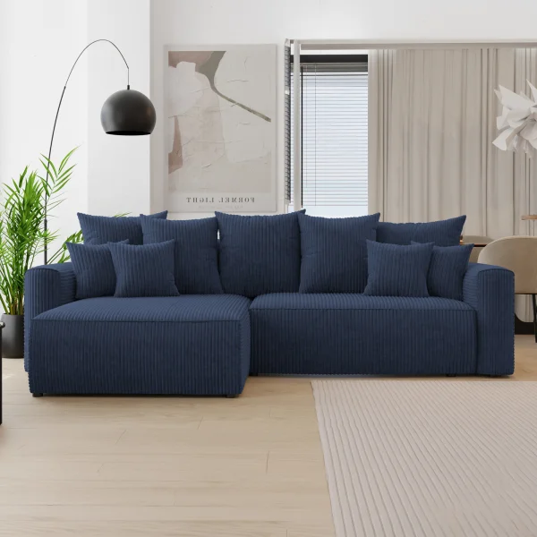 Divano letto angolare reversibile 260x160cm velluto a coste con libreria a destra blu Mistery