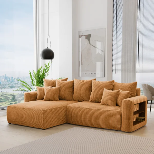 Divano letto angolare reversibile 260x160cm velluto a coste con libreria a destra giallo senape Mistery