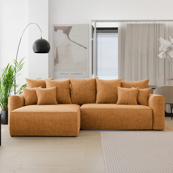 Divano letto angolare reversibile 260x160cm velluto a coste con libreria a destra giallo senape Mistery