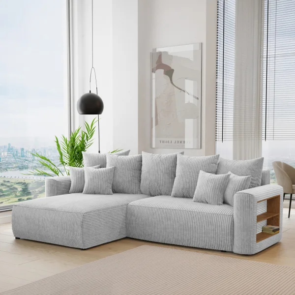 Divano letto angolare reversibile 260x160cm velluto a coste con libreria a destra grigio chiaro Mistery