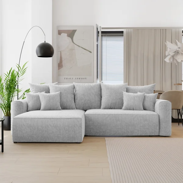 Divano letto angolare reversibile 260x160cm velluto a coste con libreria a destra grigio chiaro Mistery