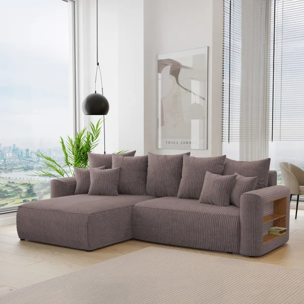 Divano letto angolare reversibile 260x160cm velluto a coste con libreria a destra marrone Mistery
