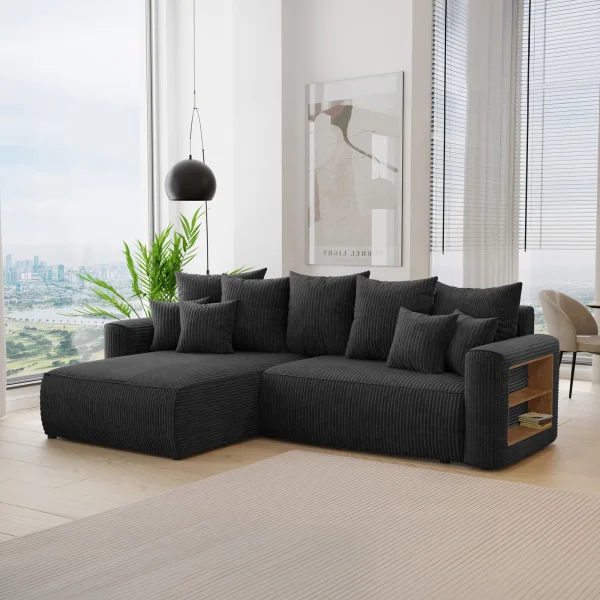 Divano letto angolare reversibile 260x160cm velluto a coste con libreria a destra nero Mistery