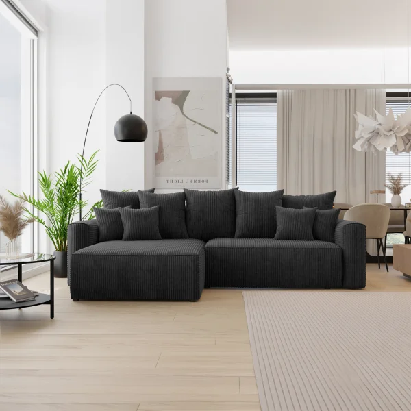 Divano letto angolare reversibile 260x160cm velluto a coste con libreria a destra nero Mistery