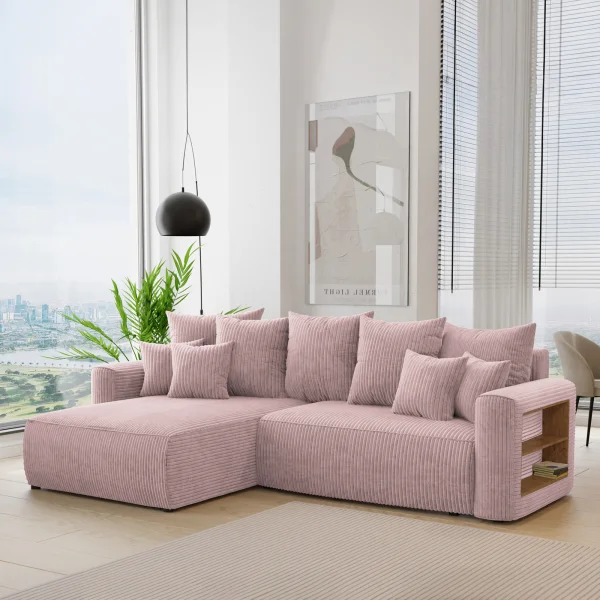 Divano letto angolare reversibile 260x160cm velluto a coste con libreria a destra rosa antico Mistery