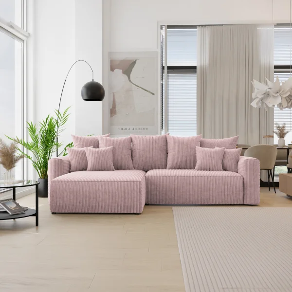 Divano letto angolare reversibile 260x160cm velluto a coste con libreria a destra rosa antico Mistery