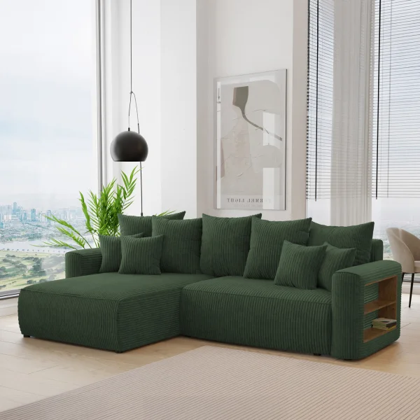 Divano letto angolare reversibile 260x160cm velluto a coste con libreria a destra verde scuro Mistery