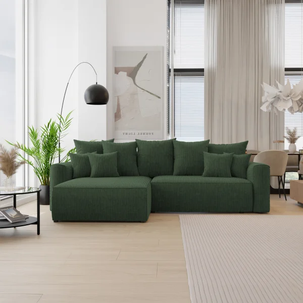 Divano letto angolare reversibile 260x160cm velluto a coste con libreria a destra verde scuro Mistery