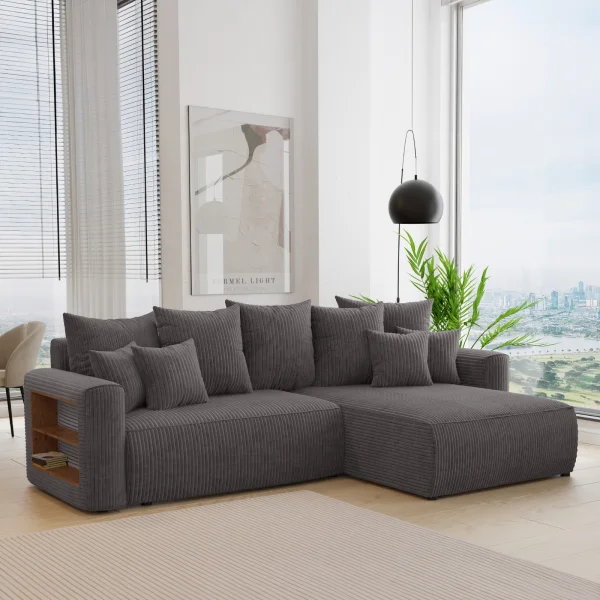 Divano letto angolare reversibile 260x160cm velluto a coste con libreria a sinistra antracite Mistery