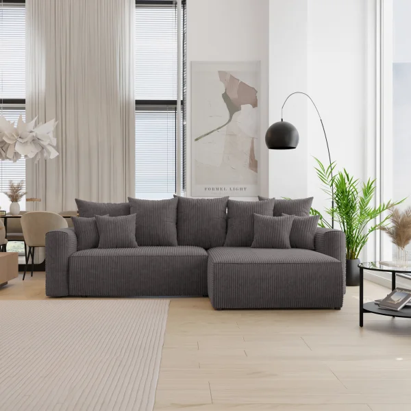 Divano letto angolare reversibile 260x160cm velluto a coste con libreria a sinistra antracite Mistery