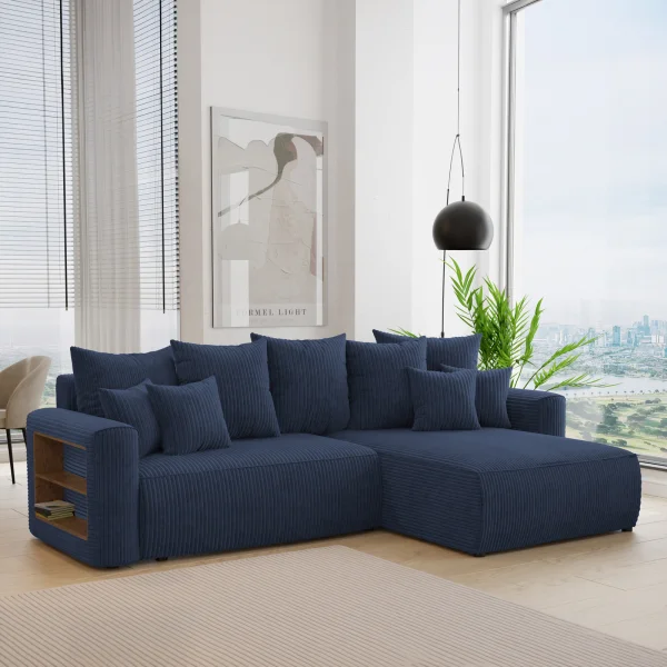 Divano letto angolare reversibile 260x160cm velluto a coste con libreria a sinistra blu Mistery