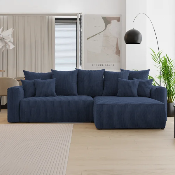 Divano letto angolare reversibile 260x160cm velluto a coste con libreria a sinistra blu Mistery