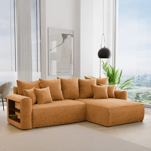 Divano letto angolare reversibile 260x160cm velluto a coste con libreria a sinistra giallo senape Mistery