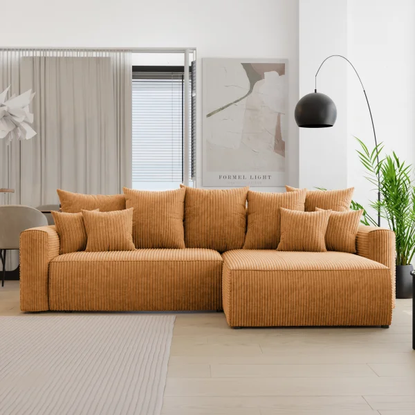 Divano letto angolare reversibile 260x160cm velluto a coste con libreria a sinistra giallo senape Mistery