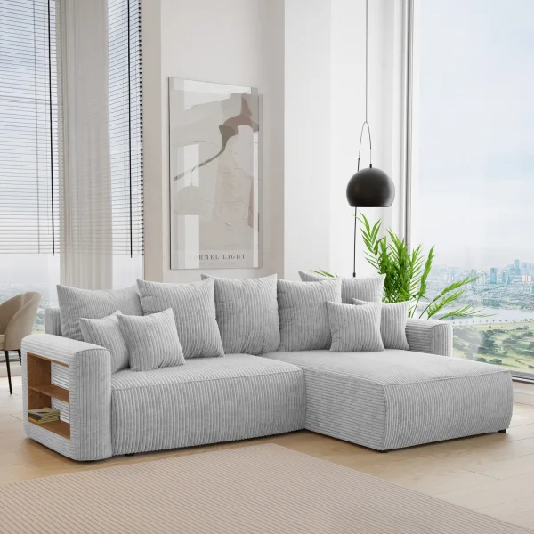 Divano letto angolare reversibile 260x160cm velluto a coste con libreria a sinistra grigio chiaro Mistery