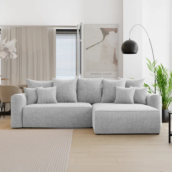 Divano letto angolare reversibile 260x160cm velluto a coste con libreria a sinistra grigio chiaro Mistery