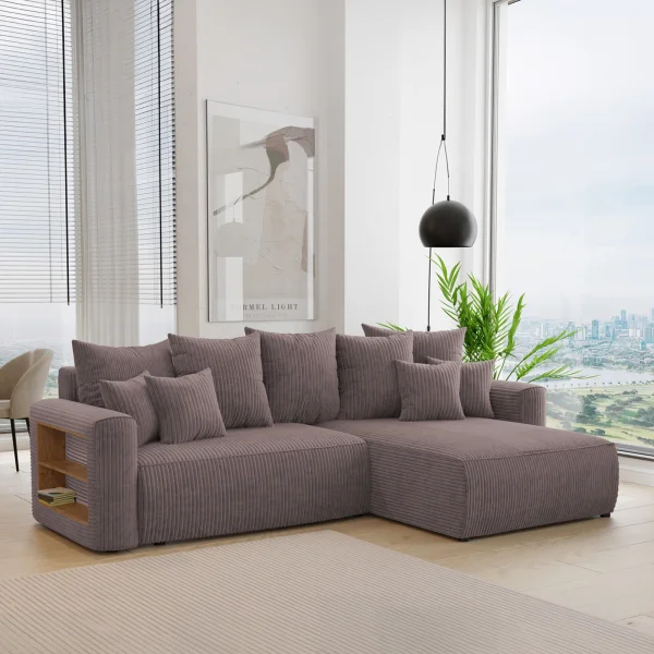 Divano letto angolare reversibile 260x160cm velluto a coste con libreria a sinistra marrone Mistery