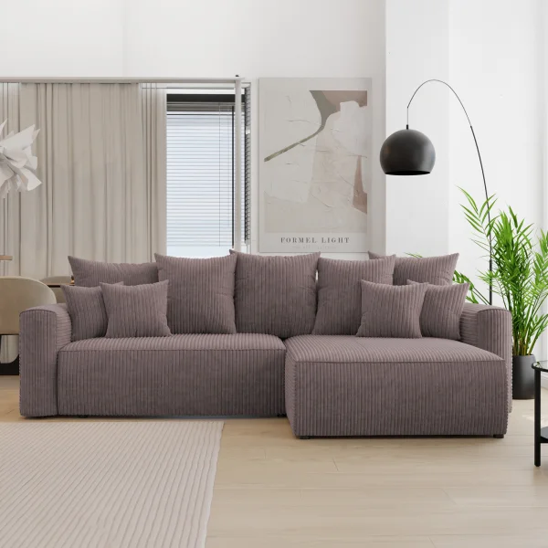 Divano letto angolare reversibile 260x160cm velluto a coste con libreria a sinistra marrone Mistery
