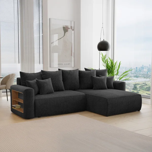 Divano letto angolare reversibile 260x160cm velluto a coste con libreria a sinistra nero Mistery