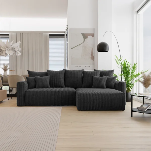 Divano letto angolare reversibile 260x160cm velluto a coste con libreria a sinistra nero Mistery
