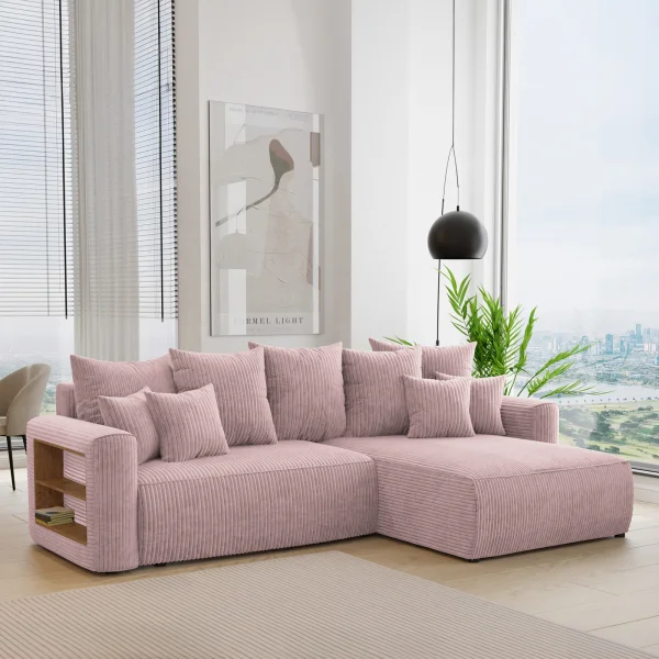 Divano letto angolare reversibile 260x160cm velluto a coste con libreria a sinistra rosa antico Mistery