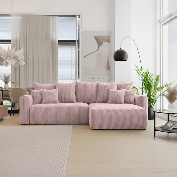 Divano letto angolare reversibile 260x160cm velluto a coste con libreria a sinistra rosa antico Mistery