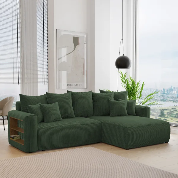 Divano letto angolare reversibile 260x160cm velluto a coste con libreria a sinistra verde scuro Mistery