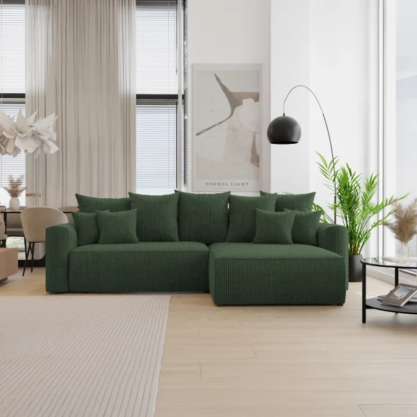 Divano letto angolare reversibile 260x160cm velluto a coste con libreria a sinistra verde scuro Mistery