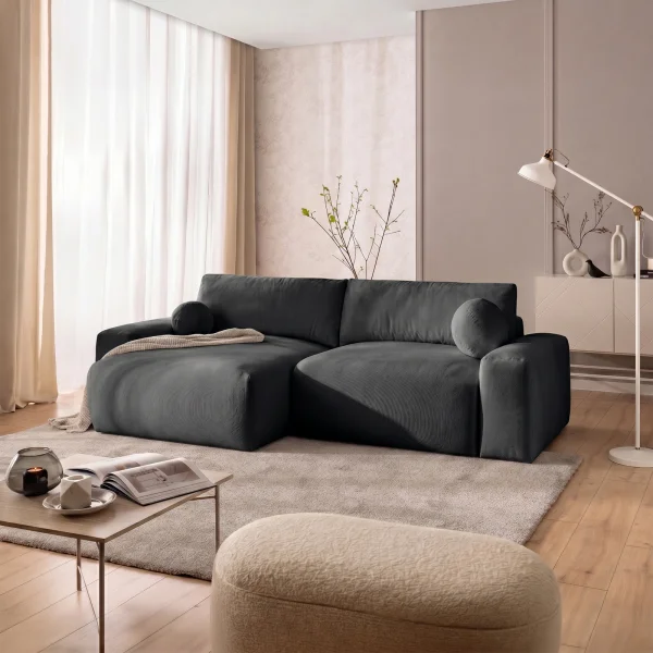 Divano letto angolare reversibile 266x138cm contenitore tessuto vellutato antracite Morfeo
