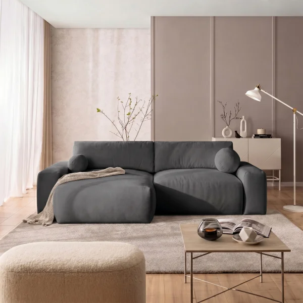 Divano letto angolare reversibile 266x138cm contenitore tessuto vellutato antracite Morfeo