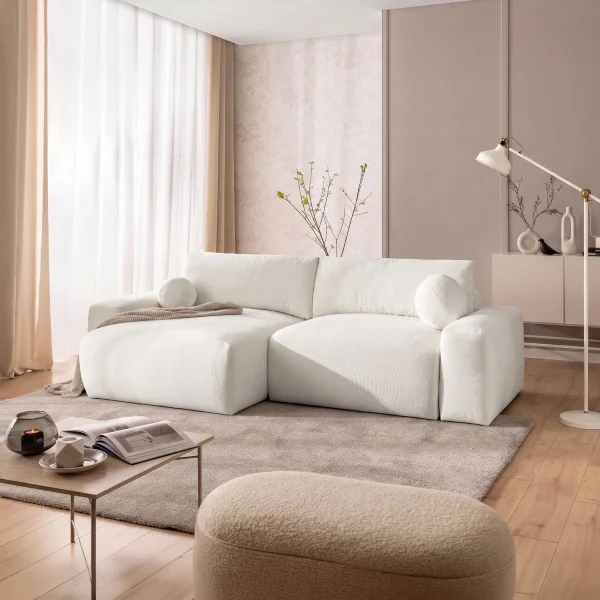 Divano letto angolare reversibile 266x138cm contenitore tessuto vellutato bianco Morfeo