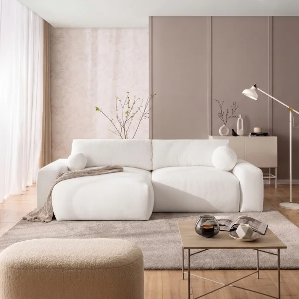 Divano letto angolare reversibile 266x138cm contenitore tessuto vellutato bianco Morfeo