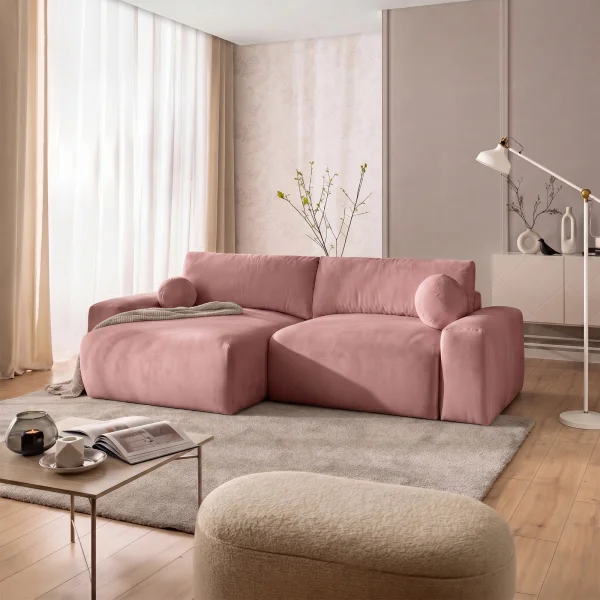 Divano letto angolare reversibile 266x138cm contenitore tessuto vellutato rosa Morfeo