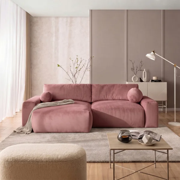 Divano letto angolare reversibile 266x138cm contenitore tessuto vellutato rosa Morfeo
