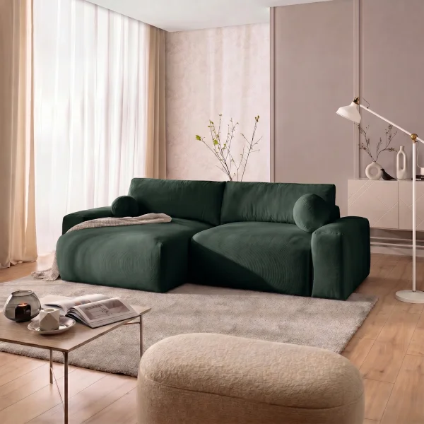 Divano letto angolare reversibile 266x138cm contenitore tessuto vellutato verde Morfeo