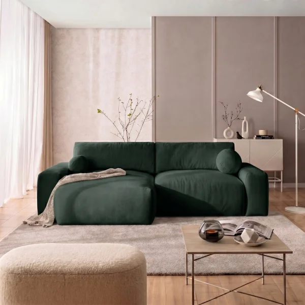 Divano letto angolare reversibile 266x138cm contenitore tessuto vellutato verde Morfeo