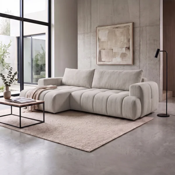 Divano letto angolare sinistro 265x149cm contenitore tessuto beige Harmony