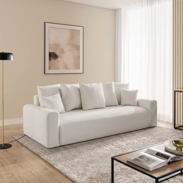 Divano letto lineare 239x98cm contenitore tessuto vellutato bianco Night