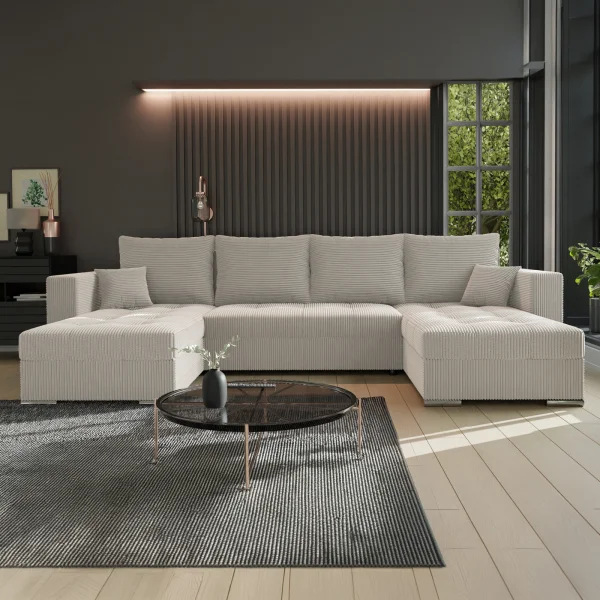 Divano letto panoramico 320x160cm velluto a coste beige Ermione
