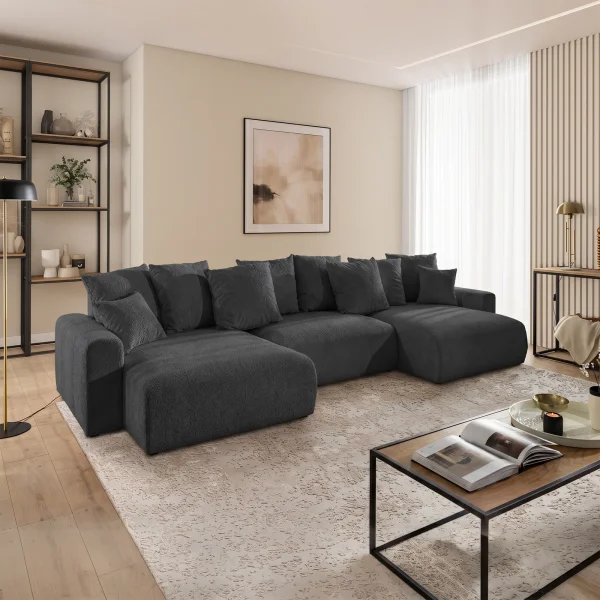 Divano letto panoramico 336x140cm contenitore tessuto vellutato antracite Night