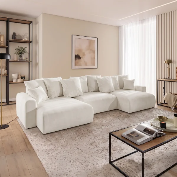 Divano letto panoramico 336x140cm contenitore tessuto vellutato bianco Night