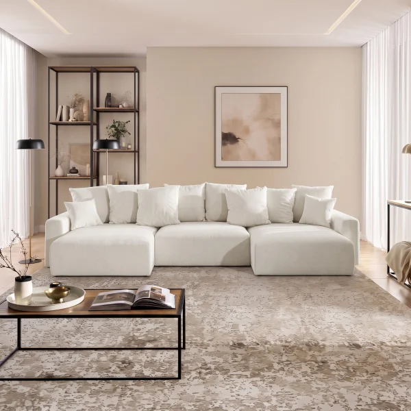 Divano letto panoramico 336x140cm contenitore tessuto vellutato bianco Night