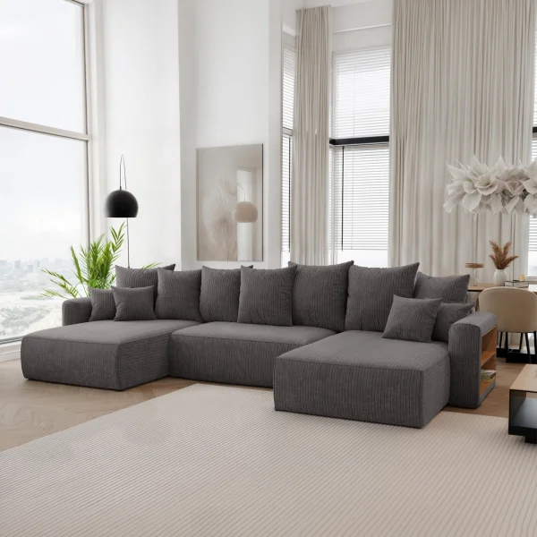 Divano letto panoramico 350x160cm velluto a coste con libreria a destra antracite Mistery