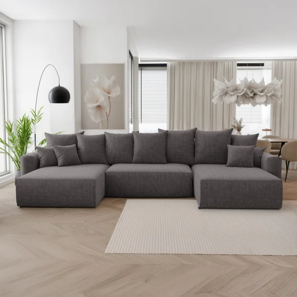 Divano letto panoramico 350x160cm velluto a coste con libreria a destra antracite Mistery