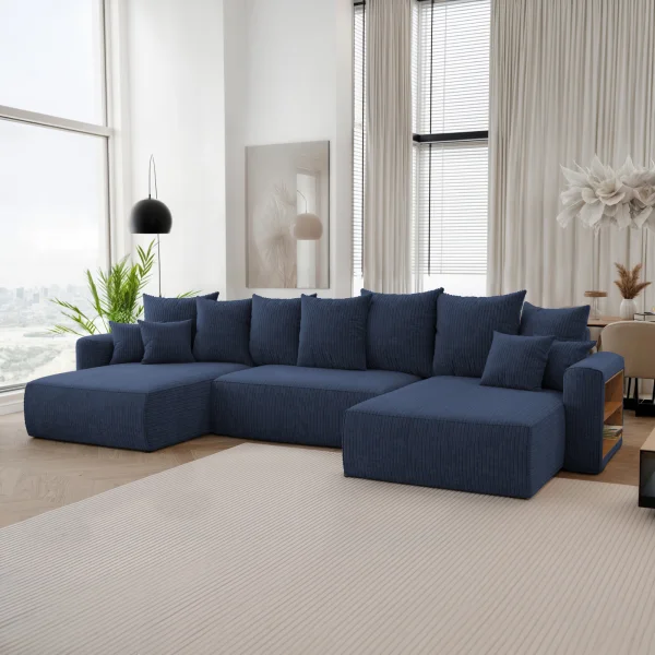 Divano letto panoramico 350x160cm velluto a coste con libreria a destra blu Mistery